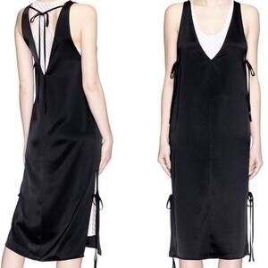 T Alexander Wang Dress Drape Racerback Satin Underlay Tie 4 Black Midi Slit Side